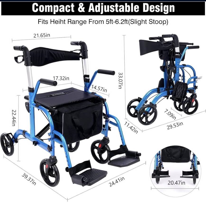 2 in 1 Transport Chair Rollator Walker