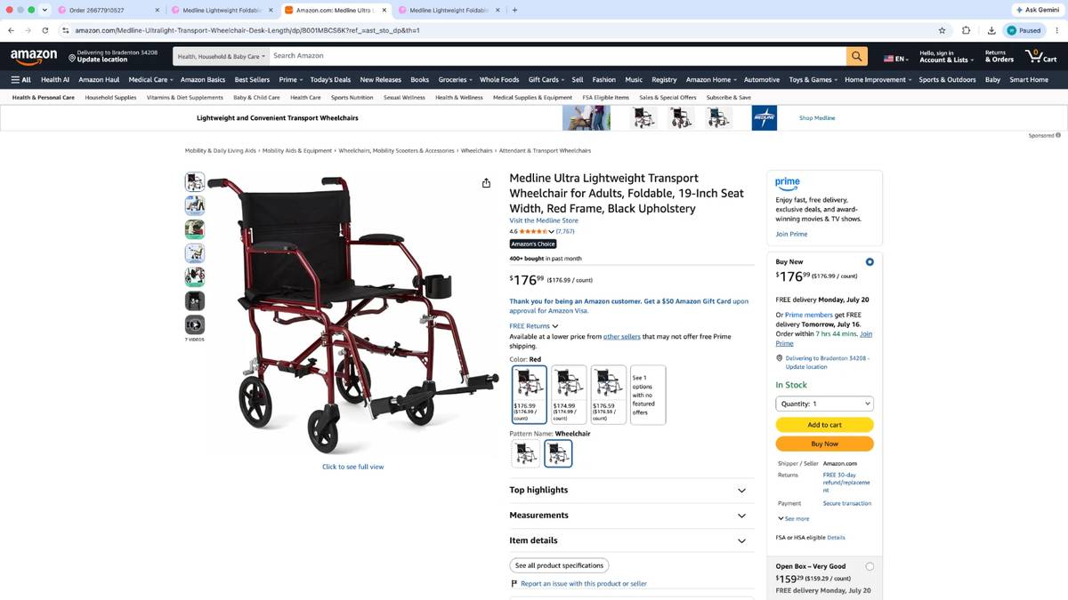 Medline Ultra Lightweight Transport Wheelchair for Adults, Foldable